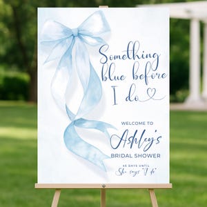 Something Blue Bridal Shower Welcome Sign: Watercolor Bow (Editable Canva Template)