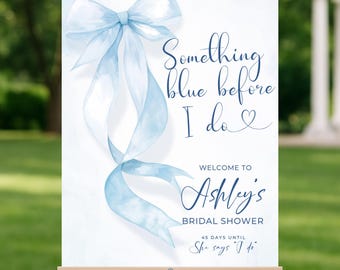 Something Blue Bridal Shower Welcome Sign: Watercolor Bow (Editable Canva Template)