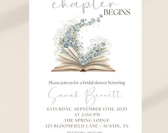 Elegant Book Bridal Shower Invitation: Dusty Blue Floral, Editable Template (Printable Download