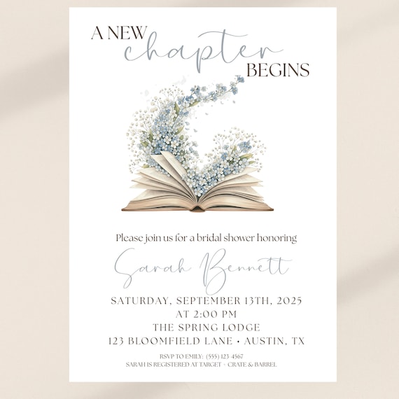 Elegant Book Bridal Shower Invitation: Dusty Blue Floral, Editable Template (Printable Download