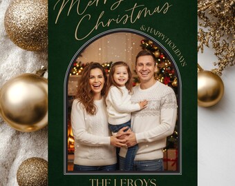 Elegant Green Arch Christmas Photo Card Template (Canva Editable)
