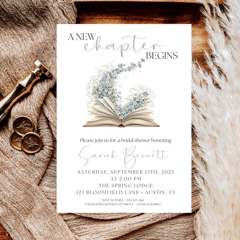 May include: Bridal shower invitation with the text "A New Chapter Begins." The invitation features an open book with blue floral accents. Details include the honoree's name, date, time, and location.