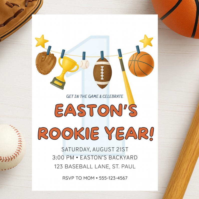 Rookie Year First Birthday Bundle | Sports Theme, Editable Canva Invite ...