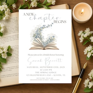 May include: Bridal shower invitation with the text "A New Chapter Begins." The invitation features an open book with blue floral accents. The invitation includes the name Sarah Bennett, date, time, and location.