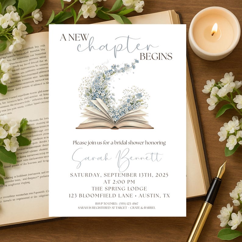 May include: Bridal shower invitation with the text "A New Chapter Begins." The invitation features an open book with blue floral accents. The invitation includes the name Sarah Bennett, date, time, and location.