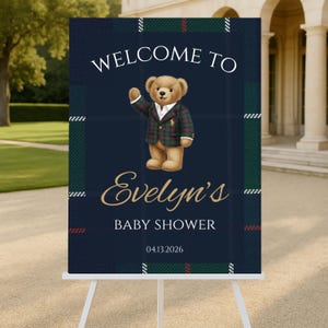 Plaid Teddy Bear Baby Shower Welcome Sign | Editable Canva Template