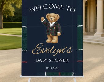 Plaid Teddy Bear Baby Shower Welcome Sign | Editable Canva Template