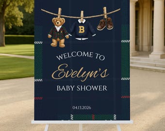 Plaid Teddy Bear Baby Shower Welcome Sign | Editable Canva Template