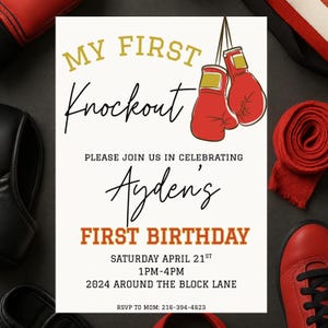 Boxing First Birthday Invitation | My First Knockout 1st Birthday Party | Editable Boxing Invite | Baby Boy Digital Download