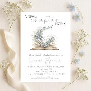 May include: A bridal shower invitation with the text "A New Chapter Begins." The invitation features an open book with blue floral accents. Details include the honoree's name, date, time, and location, with RSVP information.