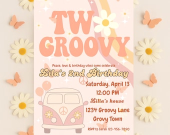 Two Groovy 2nd Birthday Invitation Girl | Retro Canva Template (Digital Download)
