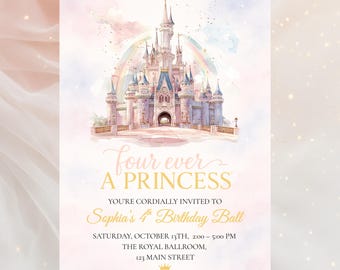 Princess 4th Birthday Invitation: Fairytale Castle, Gold Sparkle (Digital Download)