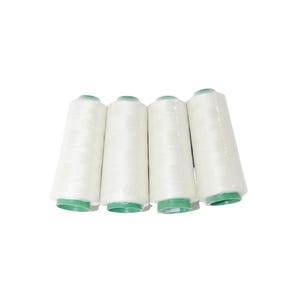 May include: Four white thread spools with green bases are displayed against a white backdrop. The thread is tightly wound, and the spools are evenly spaced. The image is well-lit, highlighting the texture of the thread, suitable for sewing and crafts.