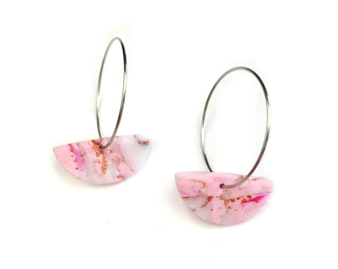 Silver Hoop with Pink and Rose Gold Marble Clay Semi Circle Dangle Earrings