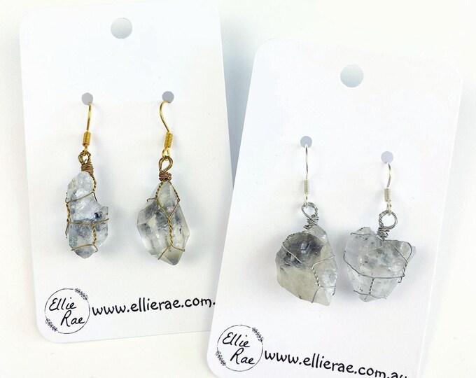 Tibetan Black Spot Quartz Wire Wrapped Crystal Gemstone Dangle Earrings