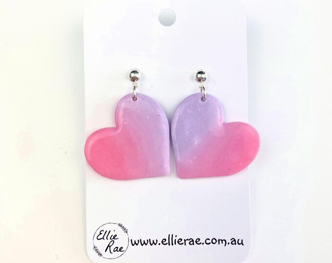 Pink and Purple Ombre Polymer Clay Heart Dangle Stud Earrings