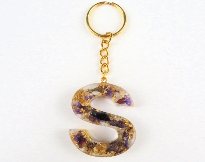 Resin Letter Keychains with Gold Foil and Purple Dried Flowers