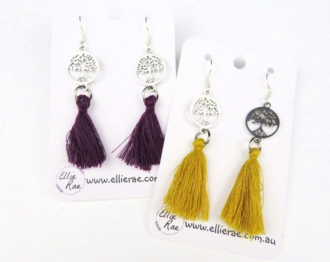 Silver Tree Charm and Tassel Dangle Earrings