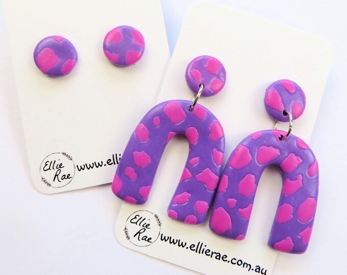 Pink and Purple Polymer Clay Horse Shoe Dangle U Stud Earrings