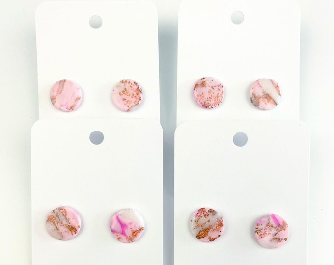 Marbled Pink, White and Rose Gold Foil Flake Polymer Clay Stud Earrings