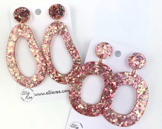 Rose Gold Chunky Glitter Resin Stud Dangle Bold Statement Earrings