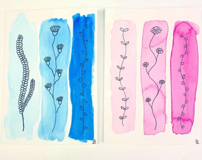 Water Colour Floral Stripe Gift Card, Greeting Card, Birthday Card