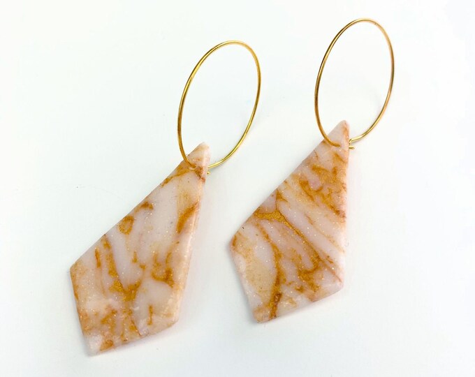 White and Gold Prism Polymer Clay Dangle Hoop Earrings