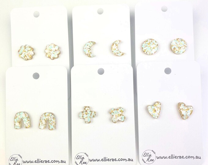 Blue, White and Gold Glitter Stud Resin Earrings