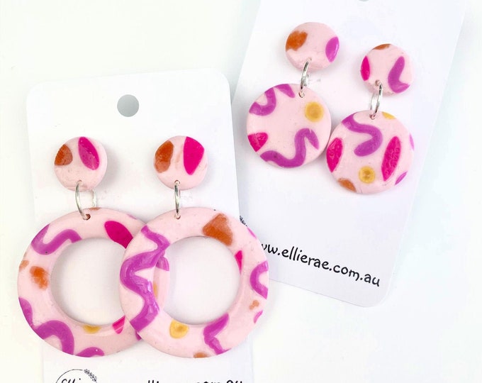 Pink Abstract Circle Polymer Clay Dangle Stu Earrings