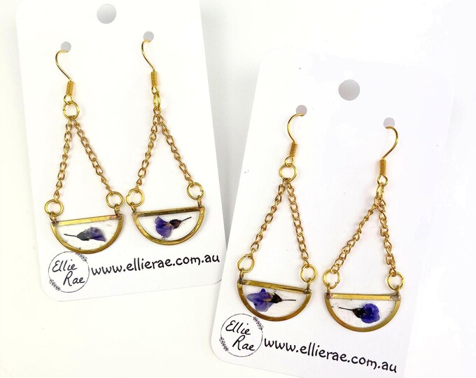 Semi Circle Pressed Flower Resin Gold Chain Dangle Earings