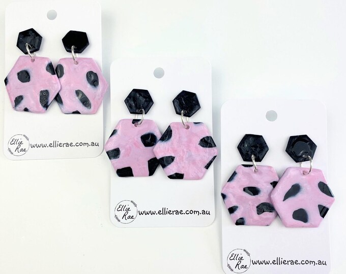 Black and Pink Abstract Marble Hexagon Polymer Clay Dangle Stud Earrings