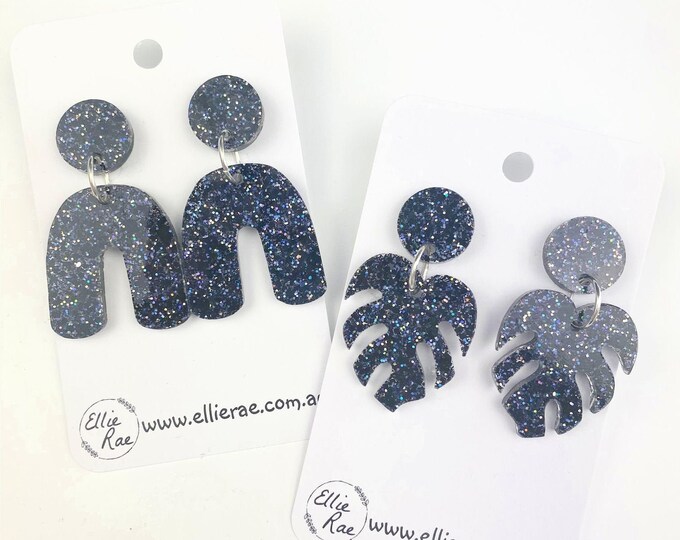 Black Chunky Glitter Resin Stud Dangle Bold Statement Earrings