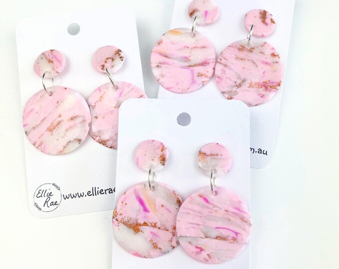 Pink White and Rose Gold Marble Polymer Clay Circle Dangle Stud Earrings