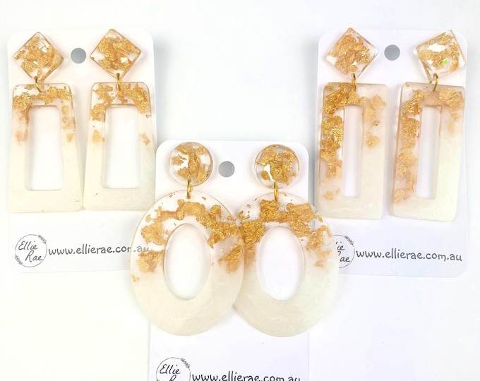 Gold Foil Flake and White Glitter Resin Stud Dangle Bold Statement Earrings