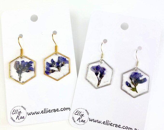 Hexagon Resin Pressed Flower Charm Dangle Earrings