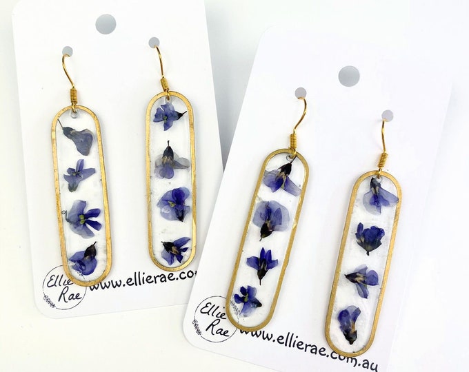 Long Oval Resin Pressed Flower Gold Charm Dangle Earrings
