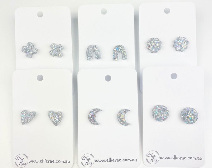 Silver Holographic Glitter Resin Stud Earrings