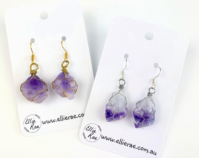 Amethyst Wire Wrapped Crystal Gemstone Dangle Earrings