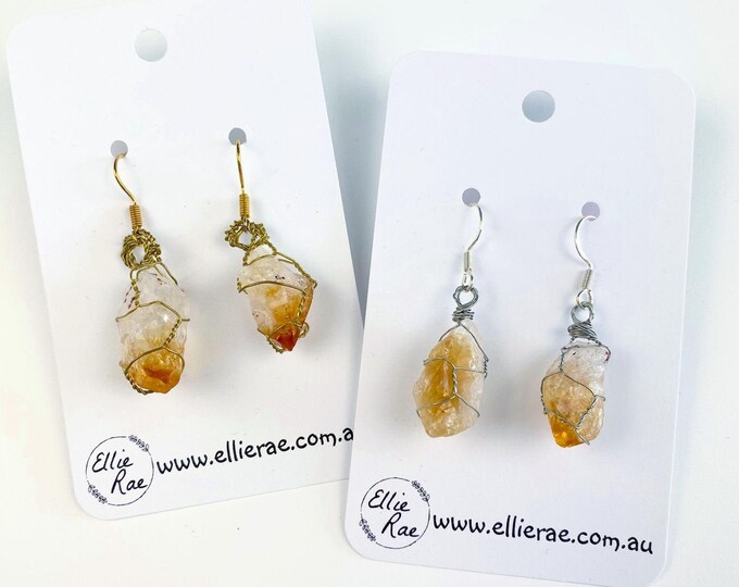 Citrine Wire Wrapped Crystal Gemstone Dangle Earrings