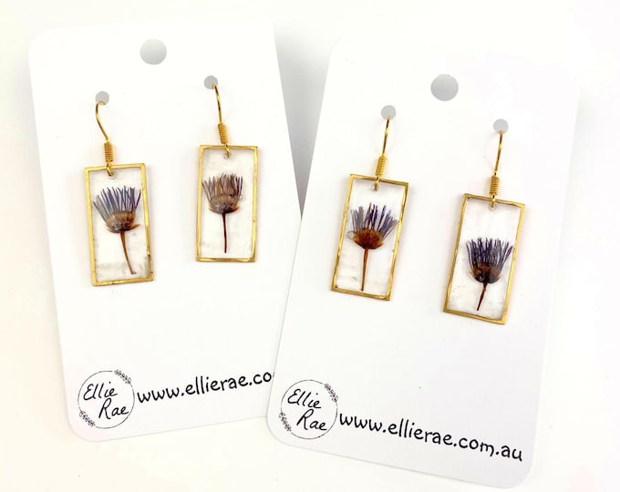 Rectangle Resin Pressed Flower Gold Charm Dangle Earrings