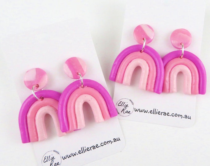 Pink Rainbow Polymer Clay Dangle Stud Earrings