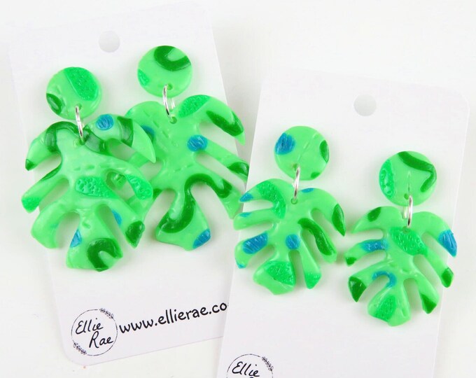 Monstera Leaf Abstract Pattern Polymer Clay Dangle Stud Earrings