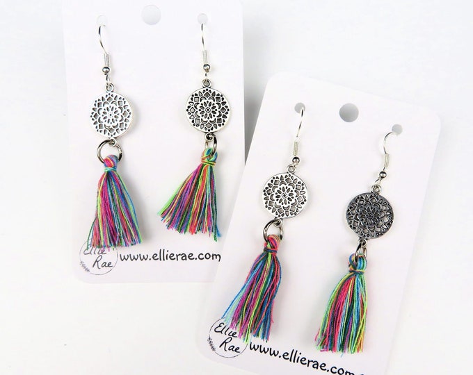 Silver Mandala Charm and Rainbow Tassel Dangle Earrings
