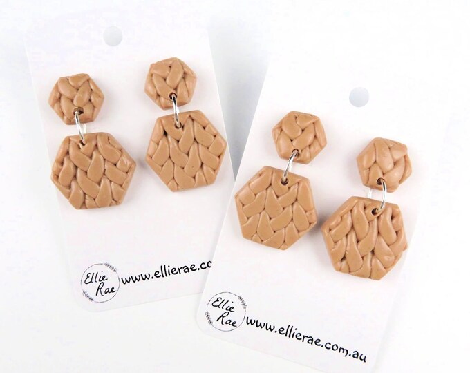 Caramel Brown Knit Hexagon Polymer Clay Dangle Stud Earrings