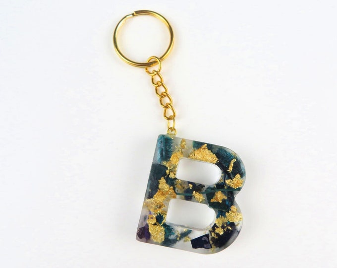 Resin Letter Keychains with Gold Foil and Blue Dried Flowers