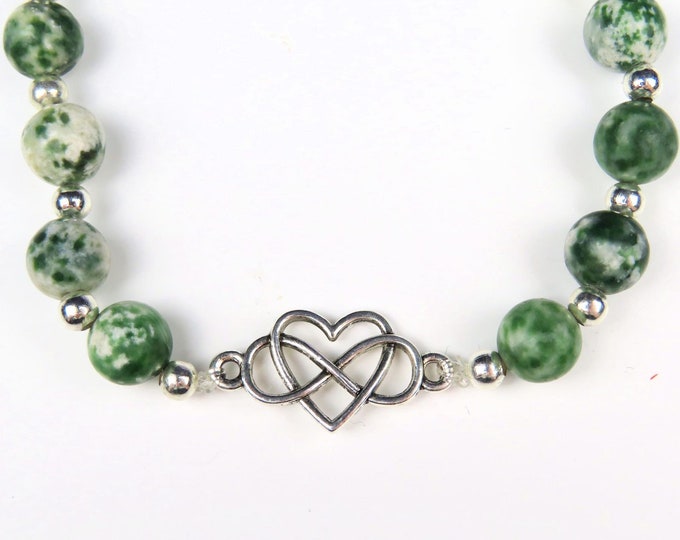 Moss Agate Crystal Gemstone Beaded Bracelet with Heart and Infinity Charm