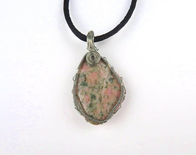 Thulite Wire Wrapped Crystal Gemstone Pendant Necklace