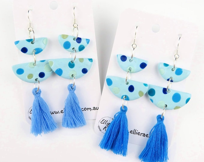 Blue Polka Dot Semi Circle Tassel Dangle Clay Earrings