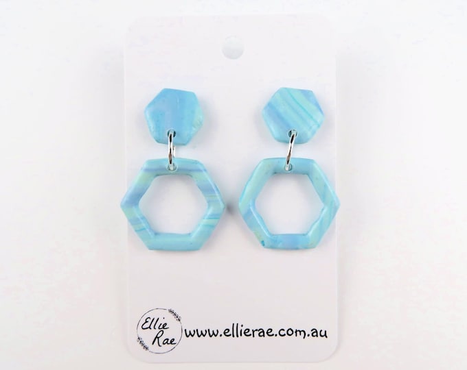 Pastel Blue Hexagon Clay Dangle Stud Earrings