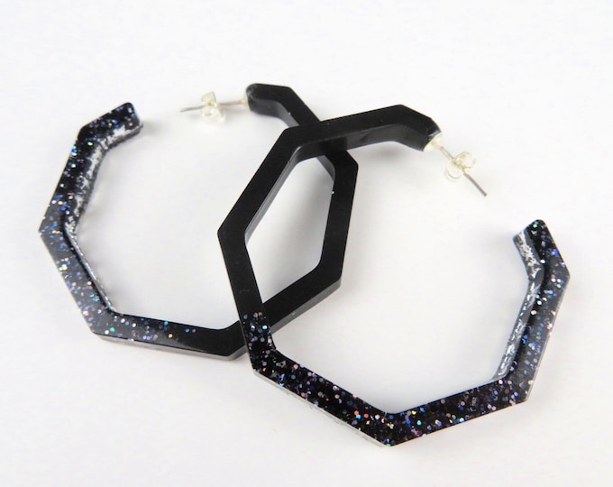 Black Glitter Hoop Resin Earrings
